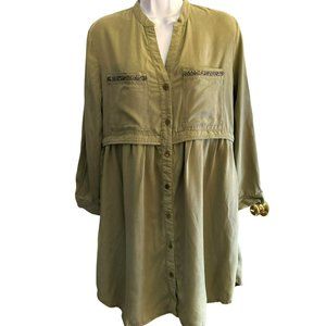 Zara Women's Army Green Tencel Denim Dress XS Beaded Accent Adjustable Sleeve